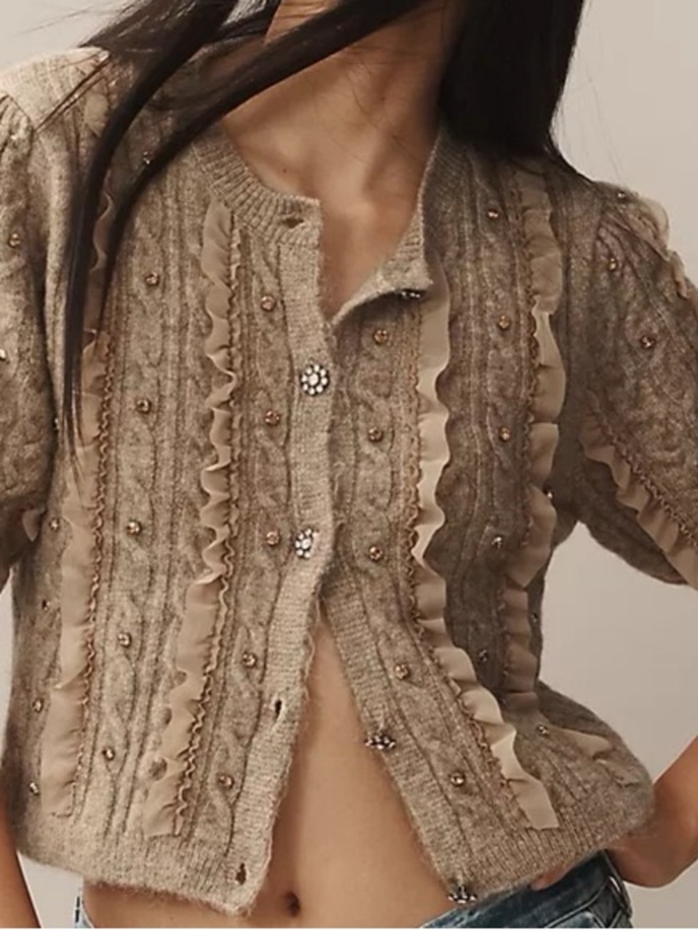 Maeve Taupe Ruffle & Beaded Knit Cardigan